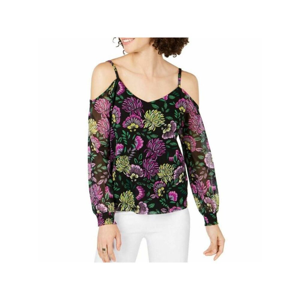 INC Womens Black Shoulder Floral Smocked V Neck Evening Blouse Petites PS
